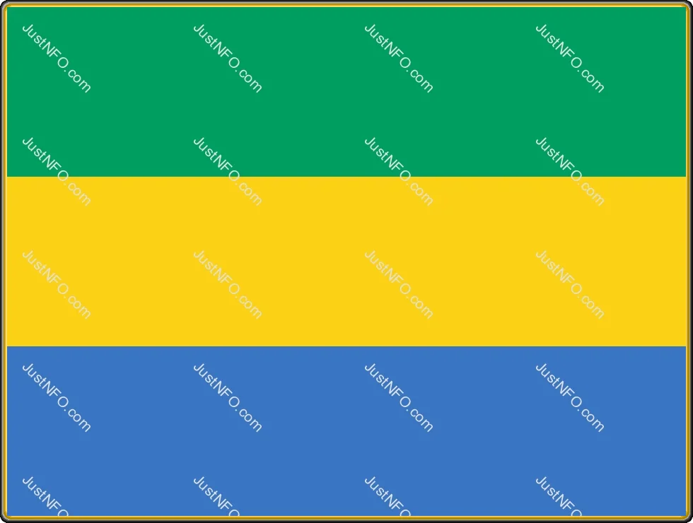 Gabon National Flag – Symbol of Nature and Resources The official flag of Gabon featuring horizontal stripes of green, yellow, and blue, symbolizing dense forests, natural resources, and the country’s rivers and ocean